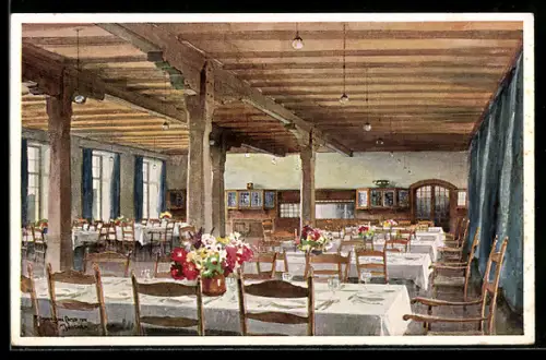 Künstler-AK Edward Harrison Compton: Elmau, Schloss Elmau, Speise-Saal, Innenansicht