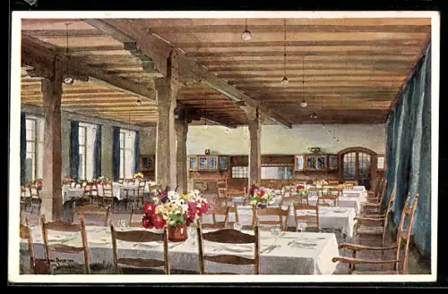 Künstler-AK Edward Harrison Compton: Elmau, Schloss Elmau, Speise-Saal, Innenansicht