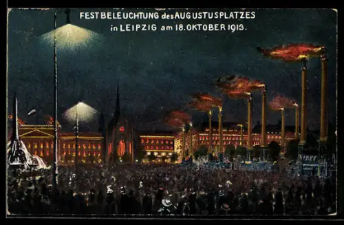 Künstler-AK Leipzig, Festbeleuchtung des Augustplatzes 1913
