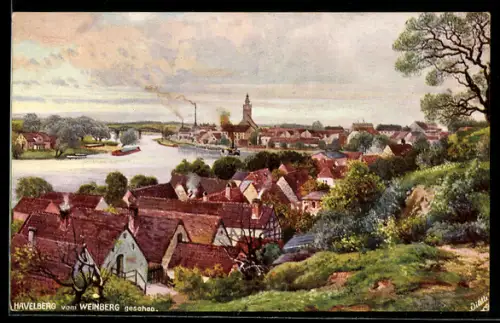 Künstler-AK Havelberg, Ortsansicht vom Weinberg aus gesehen