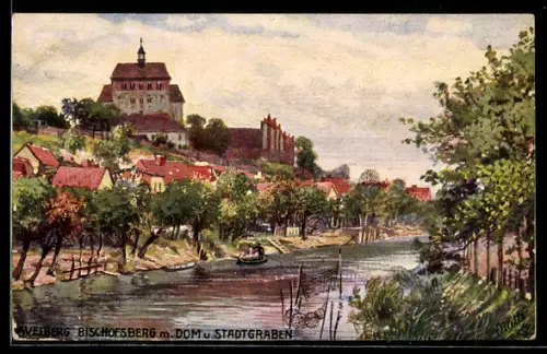 Künstler-AK Havelberg, Bischofsberg mit Dom und Stadtgraben, Mensch im Boot