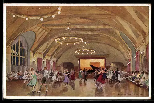 Künstler-AK Elmau, Schloss Elmau, Tanz im grossen Saal
