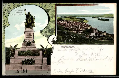 Lithographie Rüdesheim / Rhein, National-Denkmal a. d. Niederwald, Stadtansicht