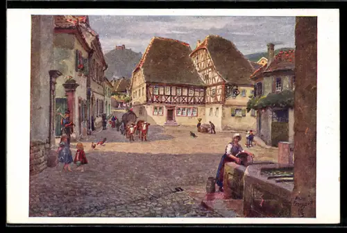 Künstler-AK Hambach / Hardt, Dorfplatz mit Brunnen