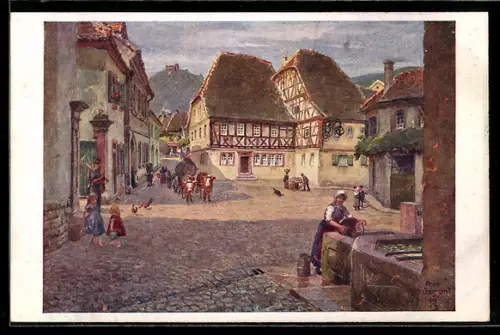 Künstler-AK Hambach / Hardt, Dorfplatz mit Brunnen