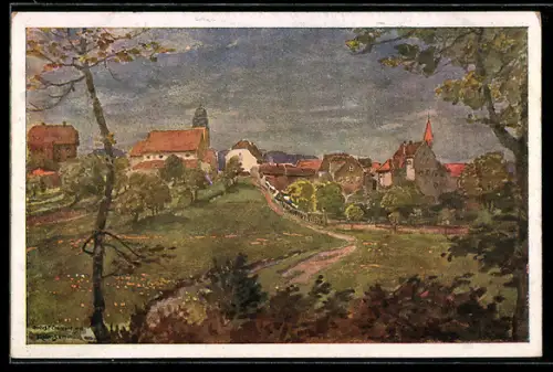 Künstler-AK Ramsen im Pfälzerwald, Ortspartie mit Kirche
