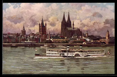 Künstler-AK Köln, Salondampfer in Fahrt mit Blick zum Ort