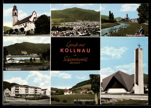 AK Kollnau im Schwarzwald, St. Josefs-Kirche, Schwimmbad, Schwarzwaldplatz