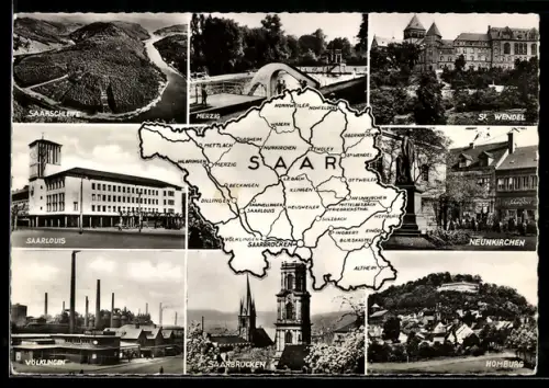 AK Saarbrücken, Landkarte mit Völklingen Fabrik, Merzig Schwimmbad und Saarschleife