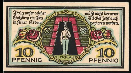 Notgeld Berchtesgaden 1920, 10 Pfennig, Bergmann mit Spruch und Edelweissblumen