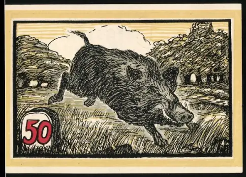 Notgeld Hofgeismar, 50 Pfennig, Wildschwein im Waldmotiv