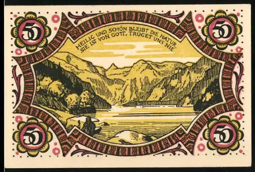 Notgeld Berchtesgaden 1920, 50 Pfennig, Landschaft mit Bergen und Fluss, Zitat über die Natur