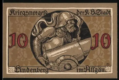 Notgeld Lindenberg im Allgäu 1917, 10 Pfennig, Ritter mit Schwert und Schild