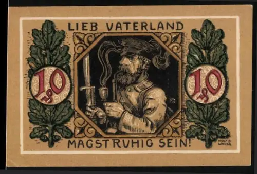 Notgeld Lindenberg im Allgäu 1919, 10 Pfennig, Soldat mit Pfeife und Eichenblätter
