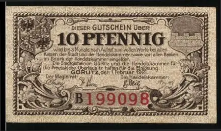 Notgeld Görlitz 1921, 10 Pfennig, Rathaustreppe und Wappen