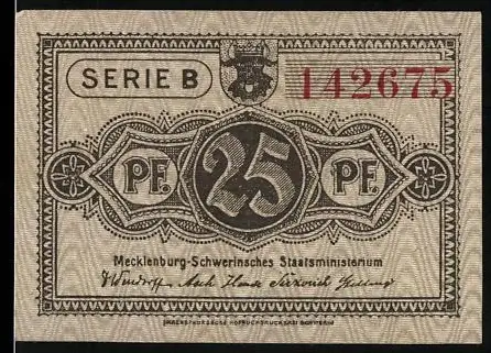 Notgeld Schwerin /Mecklenburg 1922, 25 Pfennig, Wappen und Ornamentdesign