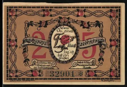 Notgeld Frose in Anhalt 1921, 25 Pfennig, Landschaft mit Ortsansicht und musikalisches Zitat mit Rosenmotiv
