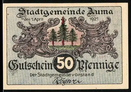 Notgeld Auma 1921, 50 Pfennig, Waldszene mit Zwerg und Pilzen