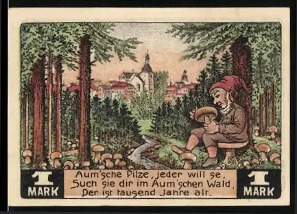 Notgeld Auma i. Thür. 1921, 1 Mark, Waldszene mit Zwerg und Pilzen