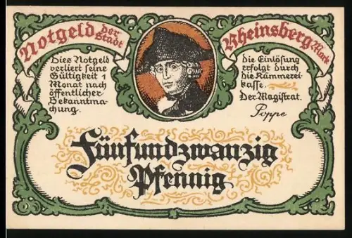 Notgeld Rheinsberg /Mark, 25 Pfennig, Friedrich der Grosse und Pavillon im Park