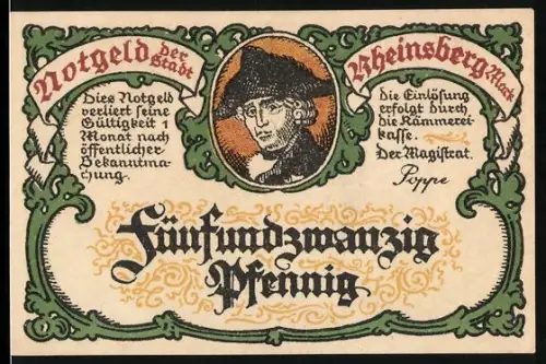 Notgeld Rheinsberg /Mark 1921, 25 Pfennig, Porträt und Obelisk mit Bäumen