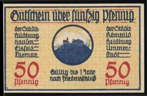 Notgeld Hildburghausen, 50 Pfennig, Silhouette einer Burg und Stadtwappen