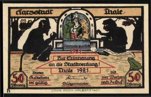 Notgeld Thale a.H. 1921, 50 Pfennig, Dämonen und Ortsansicht mit Kirche und Landschaft