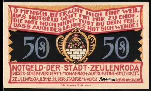 Notgeld Zeulenroda 1921, 50 Pfennig, Wappen und Landschaft mit Gebäude