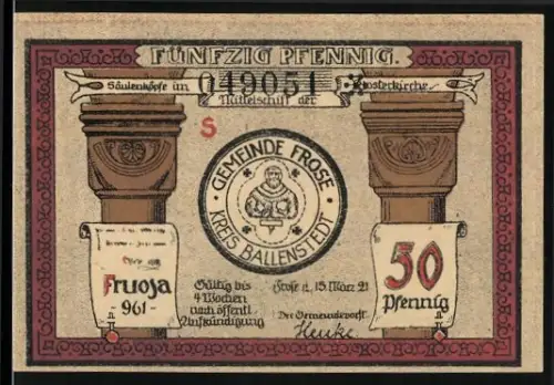 Notgeld Frose 1921, 50 Pfennig, Säulen und Klosterkirche zu Frose mit Mönchen und Nonne