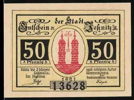Notgeld Jessnitz i. A. 1921, 50 Pfennig, Türme und Landschaft mit Bäumen und Industrieszene