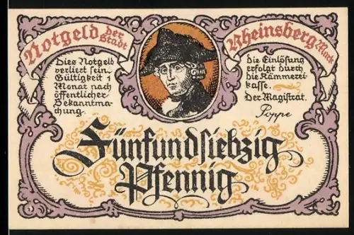 Notgeld Rheinsberg /Mark, 75 Pfennig, Friedrich der Grosse Porträt und Musikergruppe im Salon