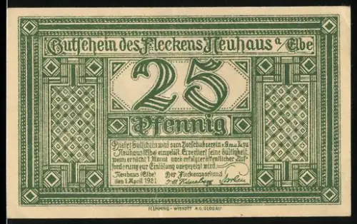 Notgeld Neuhaus a. Elbe 1921, 25 Pfennig, Alte Eichenallee und dekoratives Muster