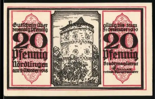 Notgeld Nördlingen 1918, 20 Pfennig, Stadttor und Adlerwappen