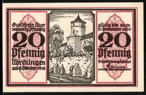 Notgeld Nördlingen 1918, 20 Pfennig, Burgturm und Wappen mit Adler