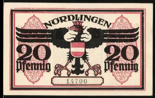 Notgeld Nördlingen 1918, 20 Pfennig, Adler und Stadttor