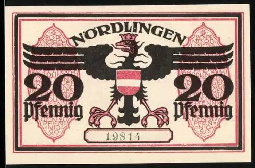Notgeld Nördlingen 1918, 20 Pfennig, Reichsadler und Stadtturm-Motiv