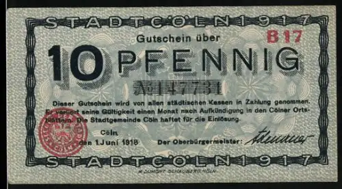 Notgeld Cöln 1918, 10 Pfennig, Ortsansicht und Siegel