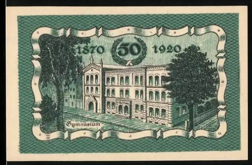 Notgeld Patschkau 1921, 50 Pfennig, Gymnasium und Türme