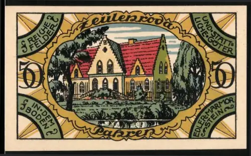 Notgeld Zeulenroda 1921, 50 Pfennig, Herrenhaus mit Landschaft und Stadtwappen