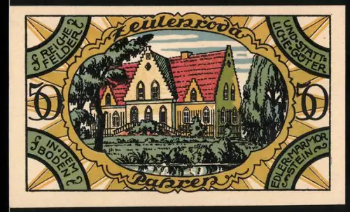 Notgeld Zeulenroda 1921, 50 Pfennig, Herrenhaus mit Landschaft und Wappen