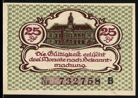 Notgeld Magdeburg 1920, 25 Pfennig, Rathausansicht und dekoratives Muster