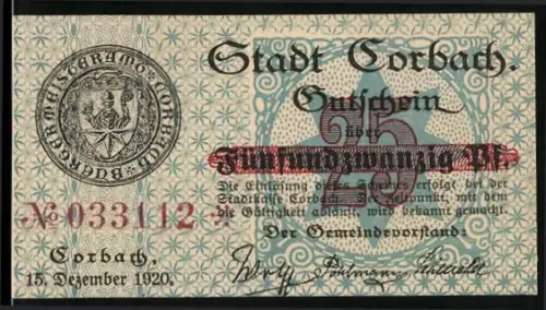 Notgeld Korbach 1920, 25 Pfennig, Stadtwappen und Kirchenansicht