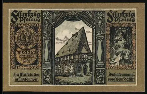 Notgeld Goslar am Harz 1920, 50 Pfennig, Fachwerkhaus und Wappen mit Adlern