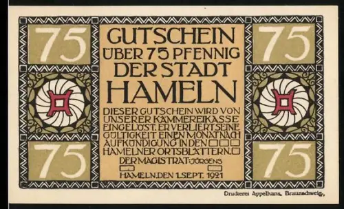 Notgeld Hameln 1921, 75 Pfennig, Turmmotiv und dekorative Muster