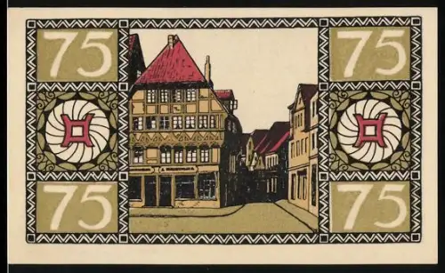 Notgeld Hameln 1921, 75 Pfennig, Fachwerkhäuser und dekoratives Muster
