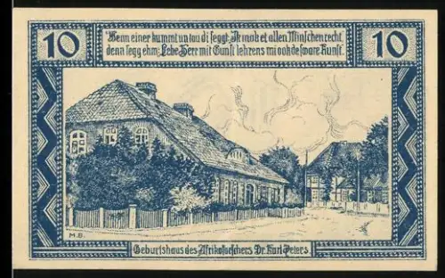 Notgeld Neuhaus a. Elbe 1921, 10 Pfennig, Geburtshaus des Afrikaforschers Dr. Karl Peters