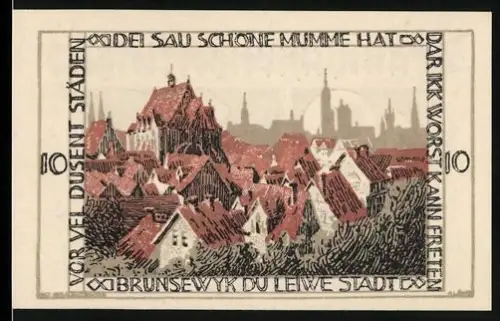 Notgeld Braunschweig 1921, 10 Pfennig, Ortsansicht und springendes Pferd