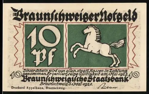 Notgeld Braunschweig 1921, 10 Pfennig, springendes Pferd und Narr mit Eule und Spiegel