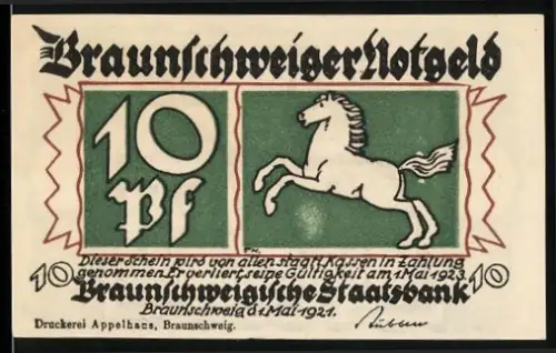 Notgeld Braunschweig 1921, 10 Pf, springendes Pferd und Ortsansicht Blankenburg am Harz