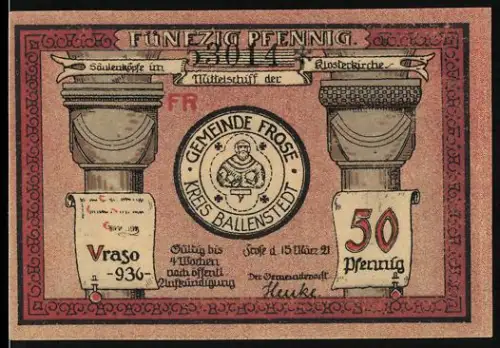 Notgeld Frose i. Anhalt 1921, 50 Pfennig, Säulenköpfe und Klosterkirche-Motive